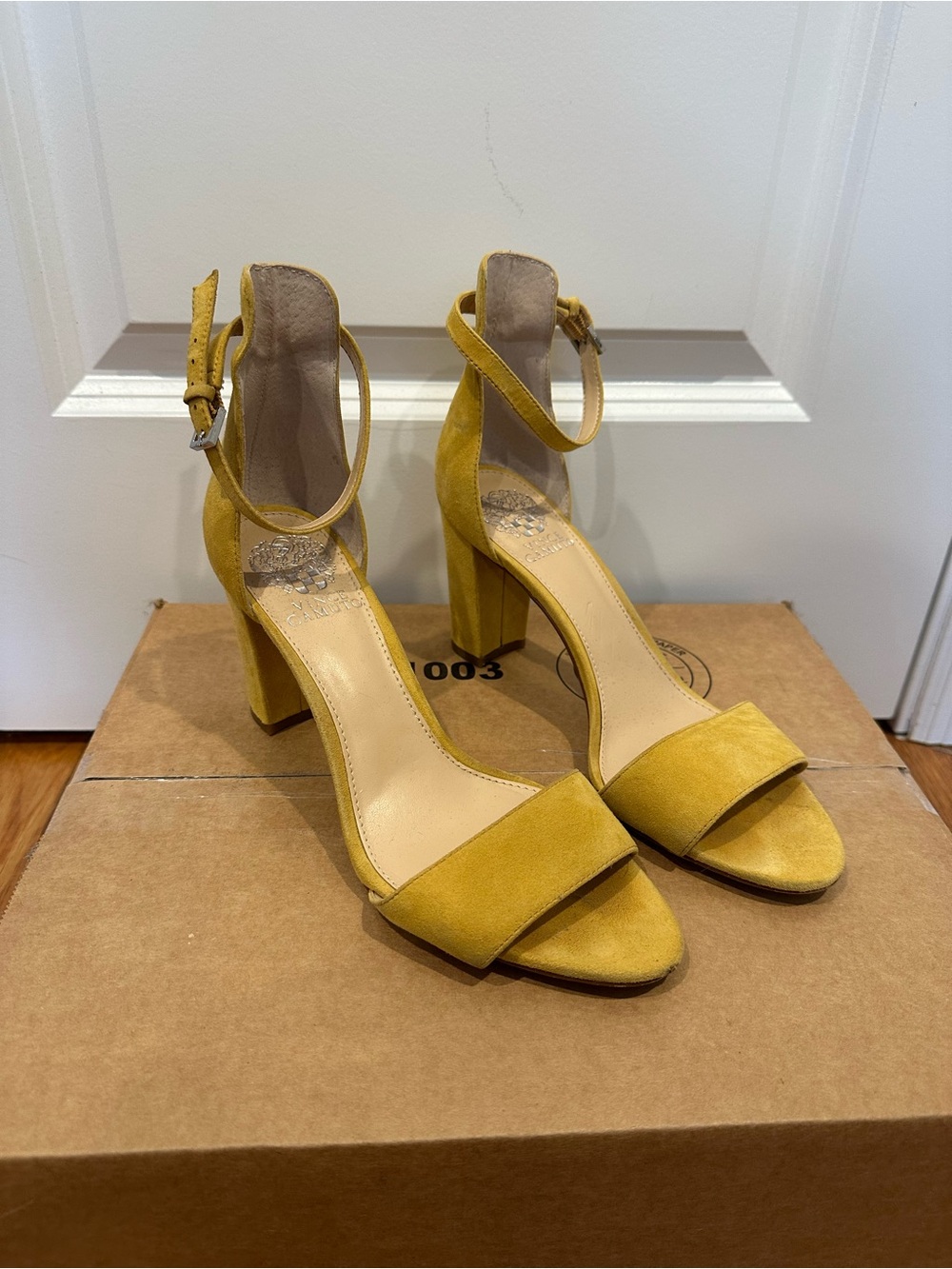 Vince Camaro Ankle-Strap Block Heel Sandals - Mustard